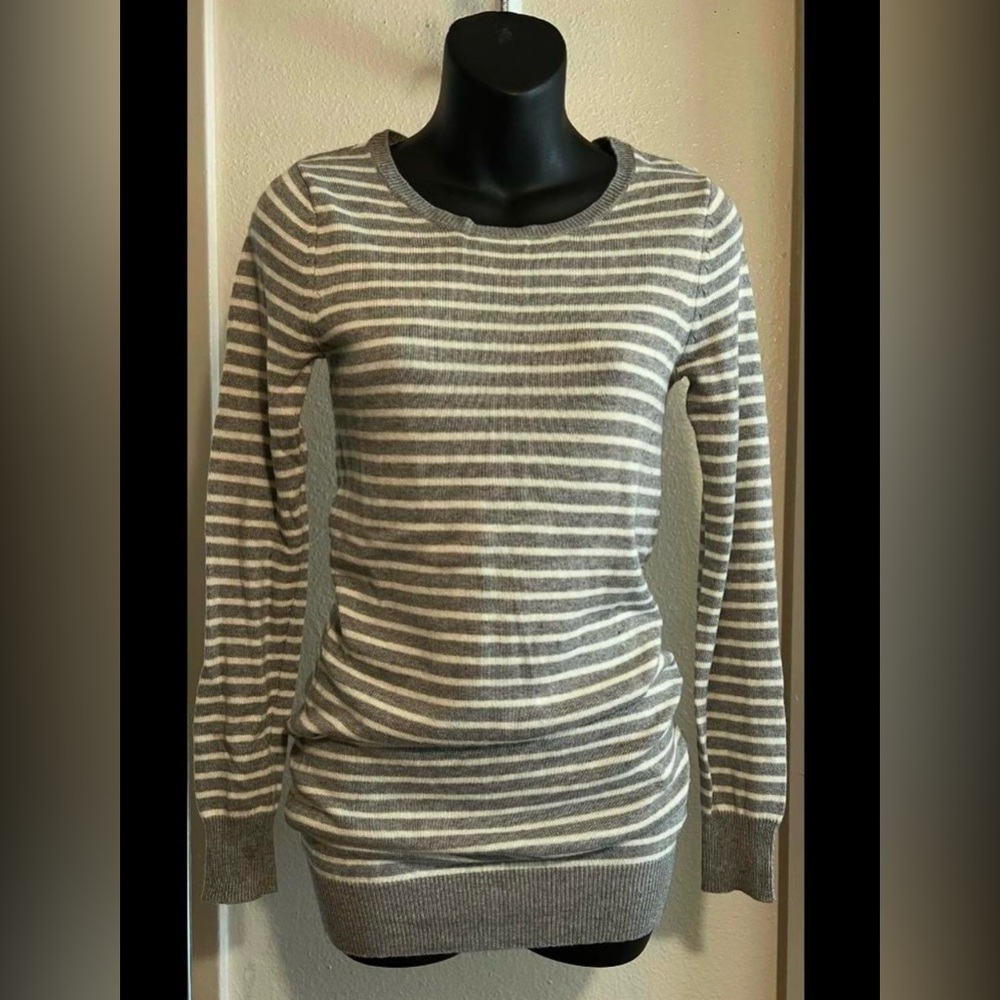 Gray and White Striped Sweater Dress